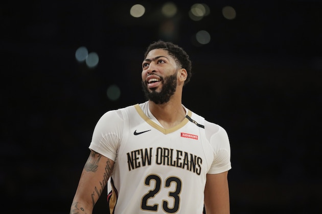 New Orleans Pelicans' Anthony Davis smiles during the second half of an NBA basketball game against the Los Angeles Lakers, Friday, Dec. 21, 2018, in Los Angeles. (AP Photo/Jae C. Hong)