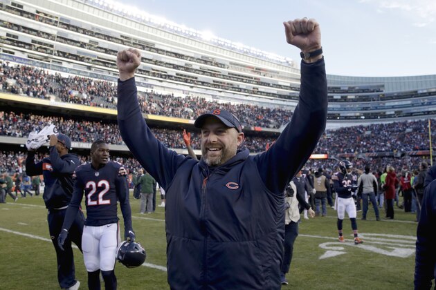 Chicago Bears head coach Matt Nagy celebrates after an NFL football game against the Green Bay Packers Sunday, Dec. 16, 2018, in Chicago. The Bears won 24-17. (AP Photo/David Banks)
