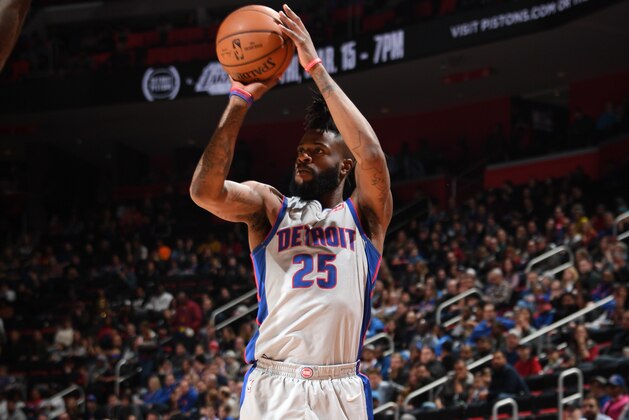 DETROIT, MI - FEBRUARY 2: Reggie Bullock #25 of the Detroit Pistons shoots the ball against the LA Clippers on February 2, 2019 at Little Caesars Arena in Detroit, Michigan. NOTE TO USER: User expressly acknowledges and agrees that, by downloading and/or using this photograph, User is consenting to the terms and conditions of the Getty Images License Agreement. Mandatory Copyright Notice: Copyright 2019 NBAE (Photo by Chris Schwegler/NBAE via Getty Images)