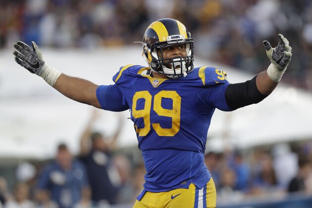 Los Angeles Rams defensive end Aaron Donald celebrates after a fumble by the against the Seattle Seahawks during the second half in an NFL football game Sunday, Nov. 11, 2018, in Los Angeles. (AP Photo/Alex Gallardo)
