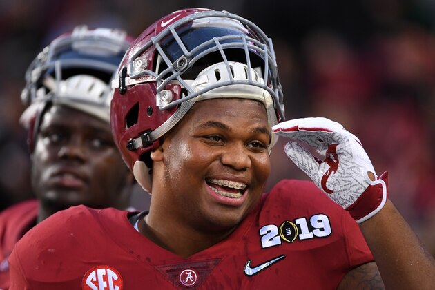 SANTA CLARA, CA - JANUARY 07: Quinnen Williams #92 of the Alabama Crimson Tide smiles before taking on the Clemson Tigers during the College Football Playoff National Championship held at Levi's Stadium on January 7, 2019 in Santa Clara, California. (Photo by Jamie Schwaberow/Getty Images)