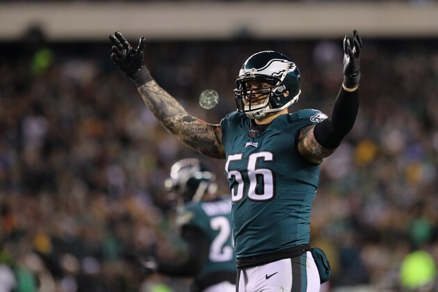 PHILADELPHIA, PA - DECEMBER 03:  Defensive end Chris Long #56 of the Philadelphia Eagles reacts against the Washington Redskins during the second quarter at Lincoln Financial Field on December 3, 2018 in Philadelphia, Pennsylvania. The Philadelphia Eagles won 28-13. (Photo by Elsa/Getty Images)