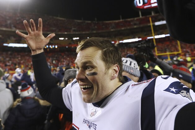 New England Patriots quarterback Tom Brady (12) celebrates after defeating the Kansas City Chiefs in the AFC Championship NFL football game, Sunday, Jan. 20, 2019, in Kansas City, Mo. (AP Photo/Charlie Neibergall)