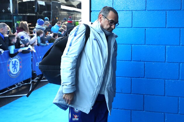 LONDON, ENGLAND - FEBRUARY 02:  Maurizio Sarri, Manager of Chelsea arrives at the stadium prior to the Premier League match between Chelsea FC and Huddersfield Town at Stamford Bridge on February 2, 2019 in London, United Kingdom.  (Photo by Catherine Ivill/Getty Images)