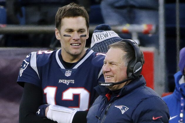 New England Patriots quarterback Tom Brady left and head coach Bill Belichick speak on the sideline during the fourth quarter of an NFL football game against the New York Jets, Sunday, Dec. 30, 2018, in Foxborough, Mass. (AP Photo/Steven Senne)