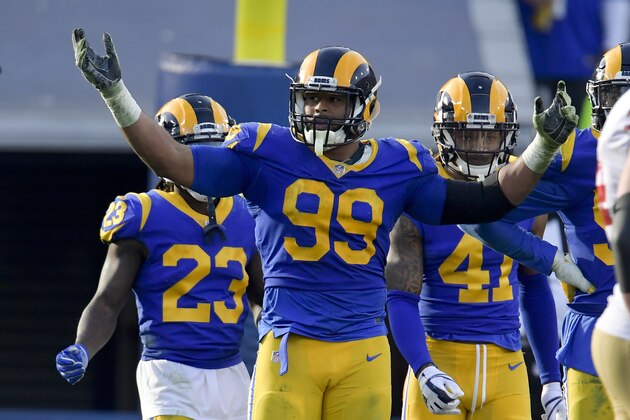 Los Angeles Rams defensive end Aaron Donald celebrates during the first half in an NFL football game against the San Francisco 49ers Sunday, Dec. 30, 2018, in Los Angeles. (AP Photo/Mark J. Terrill)