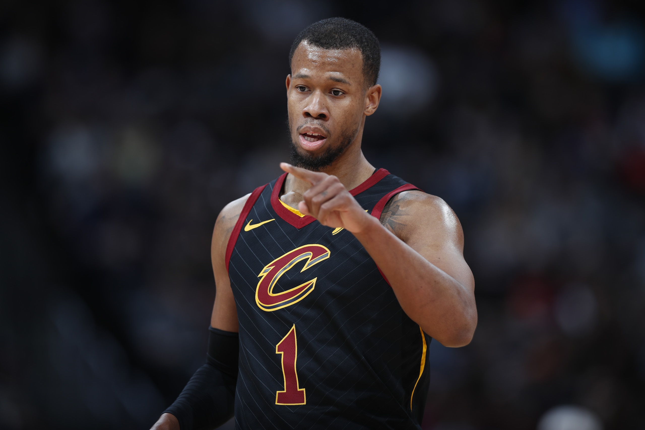 Cleveland Cavaliers guard Rodney Hood (1) in the first half of an NBA basketball game Saturday, Jan. 19, 2019, in Denver. (AP Photo/David Zalubowski)