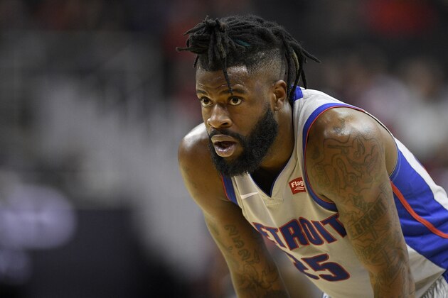 Detroit Pistons guard Reggie Bullock (25) stands on the court during the second half of an NBA basketball game against the Washington Wizards, Monday, Jan. 21, 2019, in Washington. The Wizards won 101-87. (AP Photo/Nick Wass)