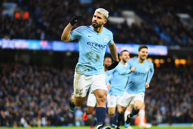 MANCHESTER, ENGLAND - FEBRUARY 03:  Sergio Aguero of Manchester City celebrates after scoring his team's first goal during the Premier League match between Manchester City and Arsenal FC at Etihad Stadium on February 3, 2019 in Manchester, United Kingdom.  (Photo by Clive Mason/Getty Images)