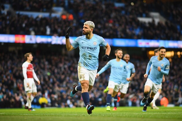 MANCHESTER, ENGLAND - FEBRUARY 03:  Sergio Aguero of Manchester City celebrates after scoring his team's first goal during the Premier League match between Manchester City and Arsenal FC at Etihad Stadium on February 3, 2019 in Manchester, United Kingdom.  (Photo by Clive Mason/Getty Images)