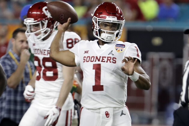 Oklahoma quarterback Kyler Murray (1) warms up before the Orange Bowl NCAA college football game against Alabama, Saturday, Dec. 29, 2018, in Miami Gardens, Fla. (AP Photo/Lynne Sladky)