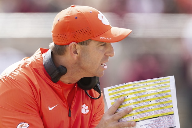 Clemson head coach Dabo Swinney in the first half of an NCAA college football game against Florida State in Tallahassee, Fla., Saturday, Oct.27, 2018. Clemson defeated Florida State 59-10. (AP Photo/Mark Wallheiser)