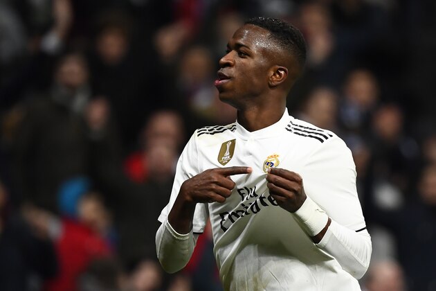 Real Madrid's Brazilian forward Vinicius Junior celebrates his goal during the Spanish league football match Real Madrid CF against Club Deportivo Alaves at the Santiago Bernabeu stadium in Madrid on February 3, 2019. (Photo by GABRIEL BOUYS / AFP)        (Photo credit should read GABRIEL BOUYS/AFP/Getty Images)