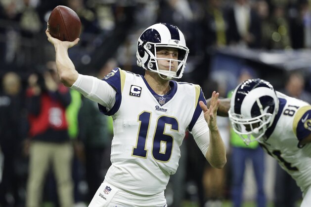 Los Angeles Rams' Jared Goff throws during the first half of the NFL football NFC championship game against the New Orleans Saints, Sunday, Jan. 20, 2019, in New Orleans. (AP Photo/David J. Phillip)
