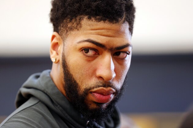 New Orleans Pelicans forward Anthony Davis talks to reporters after their NBA basketball practice in Metairie, La., Friday, Feb. 1, 2019. (AP Photo/Gerald Herbert)