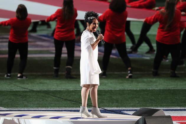 ATLANTA, GA - FEBRUARY 03: American singer Gladys Knight sings the National Anthem prior the star of the Super Bowl LIII at Mercedes-Benz Stadium on February 3, 2019 in Atlanta, Georgia.  (Photo by Elsa/Getty Images)
