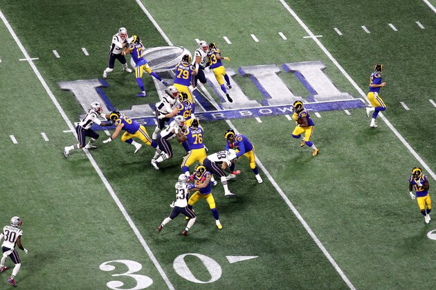 ATLANTA, GEORGIA - FEBRUARY 03: Todd Gurley #30 of the Los Angeles Rams runs the ball in the first quarter against the New England Patriots during Super Bowl LIII at Mercedes-Benz Stadium on February 03, 2019 in Atlanta, Georgia. (Photo by Rob Carr/Getty Images)