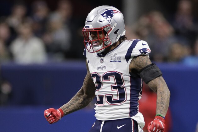 New England Patriots' Patrick Chung (23) reacts during the first half of the NFL Super Bowl 53 football game against the Los Angeles Rams, Sunday, Feb. 3, 2019, in Atlanta. (AP Photo/Carolyn Kaster)