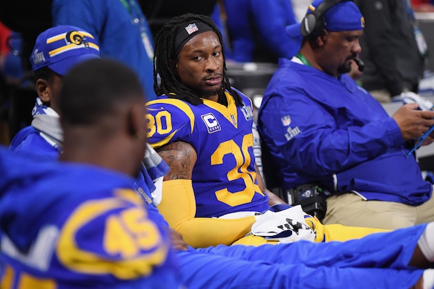 ATLANTA, GA - FEBRUARY 03:  Todd Gurley II #30 of the Los Angeles Rams gestures while he is on the bench in the second half during Super Bowl LIII at Mercedes-Benz Stadium on February 3, 2019 in Atlanta, Georgia.  (Photo by Harry How/Getty Images)
