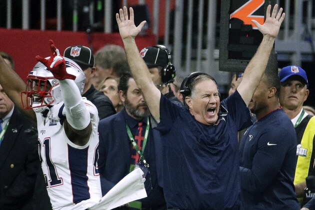 New England Patriots' Duron Harmon (21) and head coach Bill Belichick celebrate after the NFL Super Bowl 53 football game against the Los Angeles Rams Sunday, Feb. 3, 2019, in Atlanta. The Patriots won 13-2. (AP Photo/Patrick Semansky)