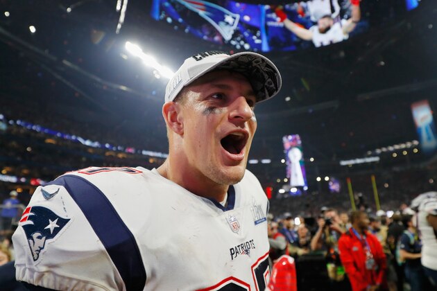 ATLANTA, GA - FEBRUARY 03: Rob Gronkowski #87 of the New England Patriots celebrates his team's victory in the Super Bowl LIII at Mercedes-Benz Stadium on February 3, 2019 in Atlanta, Georgia. The New England Patriots defeat the Los Angeles Rams 13-3. (Photo by Kevin C. Cox/Getty Images)