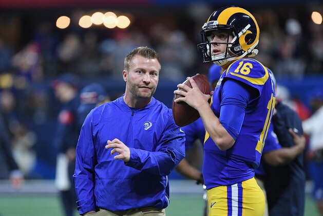 ATLANTA, GA - FEBRUARY 03:  Head Coach Sean McVay of the Los Angeles Rams speaks to Jared Goff #16 of the Los Angeles Rams during Super Bowl LIII against the New England Patriots at Mercedes-Benz Stadium on February 3, 2019 in Atlanta, Georgia.  (Photo by Harry How/Getty Images)