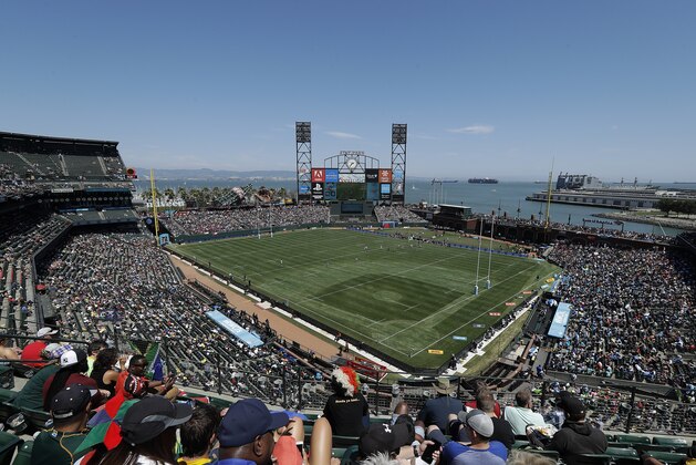 Fans at AT&T Park watch a match between Chile and Hong Kong during the Rugby Sevens World Cup in San Francisco, Sunday, July 22, 2018. (AP Photo/Jeff Chiu)