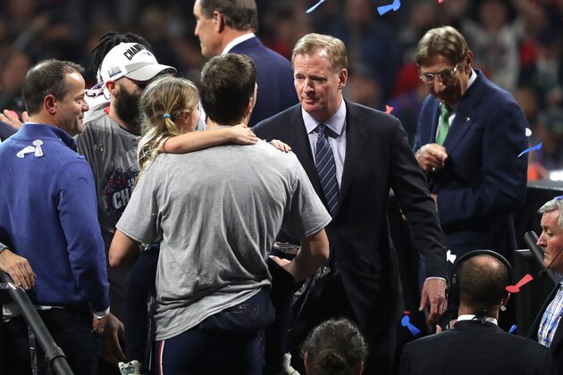 ATLANTA, GEORGIA - FEBRUARY 03:  NFL commissioner Roger Goodell congratulates Tom Brady #12 of the New England Patriots on his teams 13-3 win over the Los Angeles Rams during Super Bowl LIII at Mercedes-Benz Stadium on February 03, 2019 in Atlanta, Georgia. (Photo by Streeter Lecka/Getty Images)