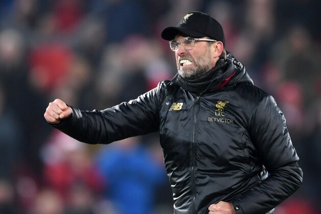 LIVERPOOL, ENGLAND - JANUARY 19: Jurgen Klopp of Liverpool celebrates victory during the Premier League match between Liverpool FC and Crystal Palace at Anfield on January 19, 2019 in Liverpool, United Kingdom. (Photo by Laurence Griffiths/Getty Images)