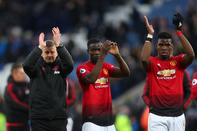 LEICESTER, ENGLAND - FEBRUARY 03: Ole Gunnar Solskjaer interim manager of Manchester United with Eric Bailly and Paul Pogba after the Premier League match between Leicester City and Manchester United at The King Power Stadium on February 03, 2019 in Leicester, United Kingdom. (Photo by Catherine Ivill/Getty Images)