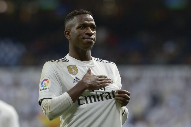 MADRID, SPAIN - FEBRUARY 03: Vinicius Jr of Real Madrid celebrates after the second goal during the La Liga match between Real Madrid CF and Deportivo Alaves at Estadio Santiago Bernabeu on February 3, 2019 in Madrid, Spain. (Photo by Patricio Realpe/Agencia Press South/Getty Images )