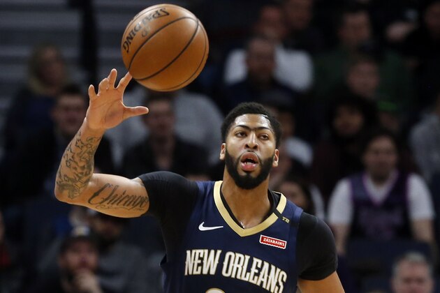 New Orleans Pelicans' Anthony Davis plays against the Minnesota Timberwolves in an NBA basketball game Saturday, Jan. 12, 2019, in Minneapolis. (AP Photo/Jim Mone)