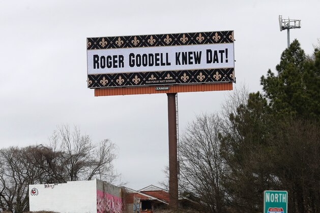 A billboard protesting a controversial call in Sunday's NFL football game between the New Orleans Saints and Los Angeles Rams is shown along I75 near Hartsfield Jackson Atlanta International Airport in Atlanta Tuesday, Jan. 22, 2019. (AP Photo/John Bazemore)