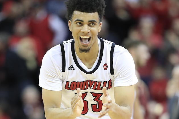 LOUISVILLE, KY - JANUARY 16:  Jordan Nwora #33of the Louisville Cardinals celebrates during the 80-70 win against the Boston College Eagles at KFC YUM! Center on January 16, 2019 in Louisville, Kentucky.  (Photo by Andy Lyons/Getty Images)