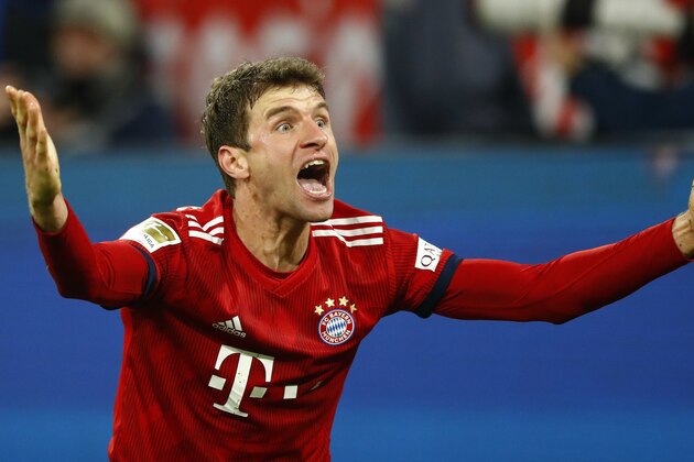 Bayern's Thomas Mueller shouts during the German Bundesliga soccer match between FC Bayern Munich and Fortuna Duesseldorf in Munich, Germany, Saturday, Nov. 24, 2018. (AP Photo/Matthias Schrader)