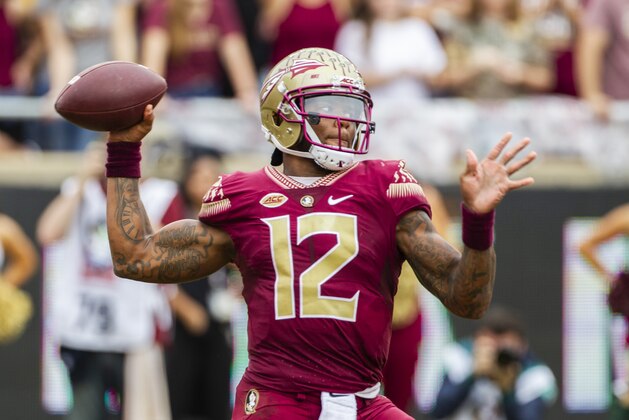 Florida State quarterback Deondre Francois (12) throws in the 1st half of an NCAA college football game against Florida in Tallahassee, Fla., Saturday, Nov. 24, 2018. (AP Photo/Mark Wallheiser)