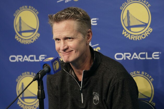 Golden State Warriors head coach Steve Kerr speaks at a news conference before an NBA basketball game between the Warriors and the Atlanta Hawks in Oakland, Calif., Tuesday, Nov. 13, 2018. Warriors All-Star forward Draymond Green was suspended one game without pay by Golden State on Tuesday for conduct detrimental to the team. (AP Photo/Jeff Chiu)