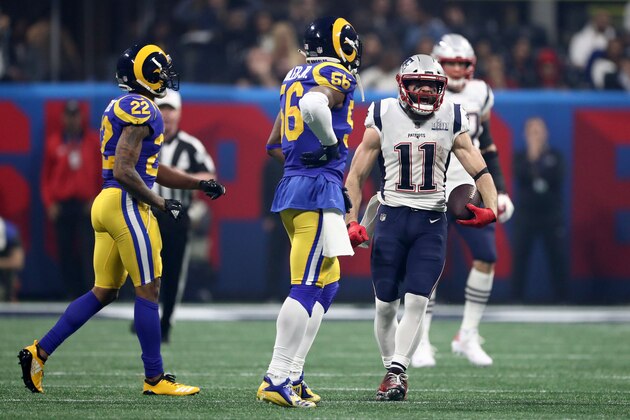 ATLANTA, GEORGIA - FEBRUARY 03:  Julian Edelman #11 of the New England Patriots celebrates a first down reception in the second half against the Los Angeles Rams during Super Bowl LIII at Mercedes-Benz Stadium on February 03, 2019 in Atlanta, Georgia. (Photo by Al Bello/Getty Images)