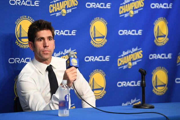 OAKLAND, CA - NOVEMBER 13:  Bob Myers of the Golden State Warriors speaks with the media before the game against the Atlanta Hawks on November 13, 2018 at ORACLE Arena in Oakland, California. NOTE TO USER: User expressly acknowledges and agrees that, by downloading and or using this photograph, user is consenting to the terms and conditions of Getty Images License Agreement. Mandatory Copyright Notice: Copyright 2018 NBAE (Photo by Noah Graham/NBAE via Getty Images)