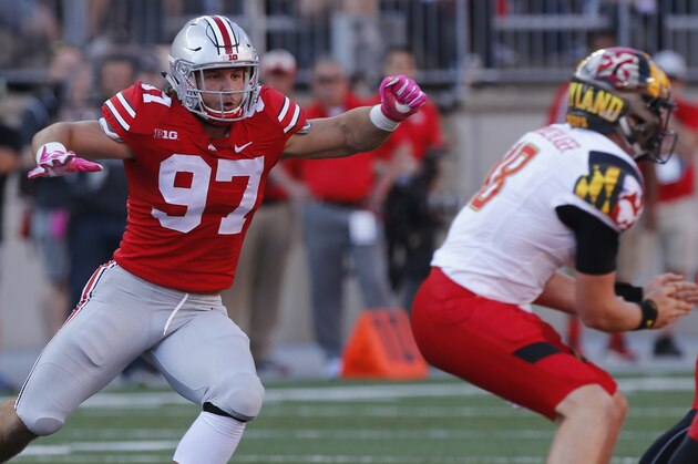 Ohio State defensive end Nick Bosa plays against Maryland during an NCAA college football game Saturday, Oct. 7, 2017, in Columbus, Ohio. (AP Photo/Jay LaPrete)