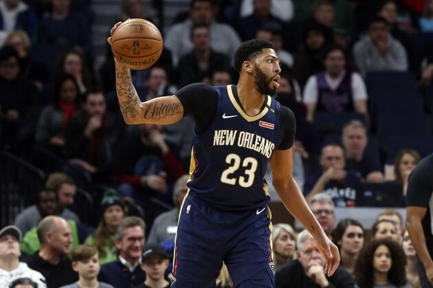 New Orleans Pelicans' Anthony Davis plays against the Minnesota Timberwolves in an NBA basketball game Saturday, Jan. 12, 2019, in Minneapolis. (AP Photo/Jim Mone)