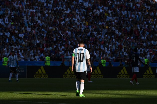 TOPSHOT - Argentina's forward Lionel Messi walks on the pitch during the Russia 2018 World Cup round of 16 football match between France and Argentina at the Kazan Arena in Kazan on June 30, 2018. (Photo by FRANCK FIFE / AFP) / RESTRICTED TO EDITORIAL USE - NO MOBILE PUSH ALERTS/DOWNLOADS        (Photo credit should read FRANCK FIFE/AFP/Getty Images)