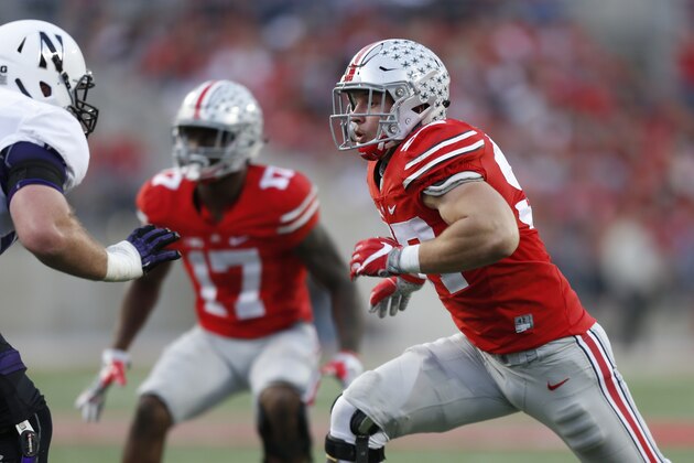Ohio State defensive end Nick Bosa plays against Northwestern during an NCAA college football game Saturday, Oct. 29, 2016, in Columbus, Ohio. (AP Photo/Jay LaPrete)