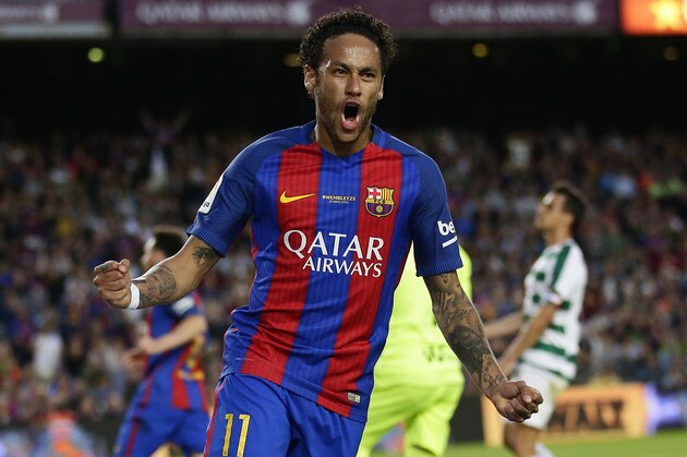 FC Barcelona's Neymar celebrates a goal during the Spanish La Liga soccer match between FC Barcelona and Eibar at the Camp Nou stadium in Barcelona, Spain, Sunday, May 21, 2017. (AP Photo/Manu Fernandez)