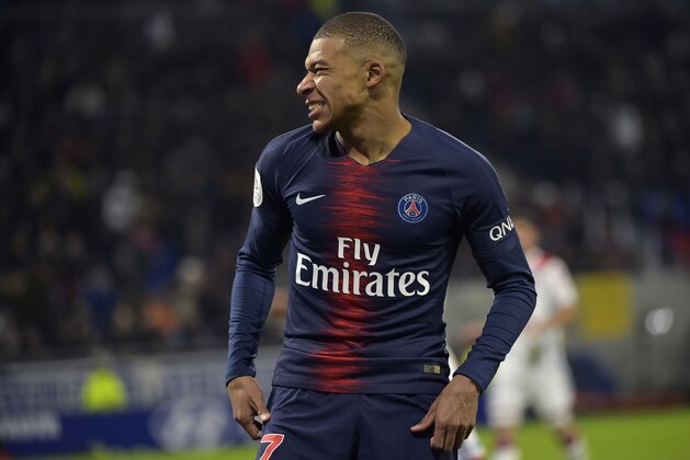 Paris Saint-Germain's French forward Kylian Mbappe reacts during the French L1 football match between Olympique Lyonnais (OL) and Paris-Saint Germain (PSG) at Groupama stadium in Decines-Charpieu, near Lyon, on February 3, 2019. (Photo by ROMAIN LAFABREGUE / AFP)        (Photo credit should read ROMAIN LAFABREGUE/AFP/Getty Images)