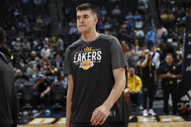 Los Angeles Lakers center Ivica Zubac (40) in the first half of an NBA basketball game Friday, March 9, 2018, in Denver. (AP Photo/David Zalubowski)