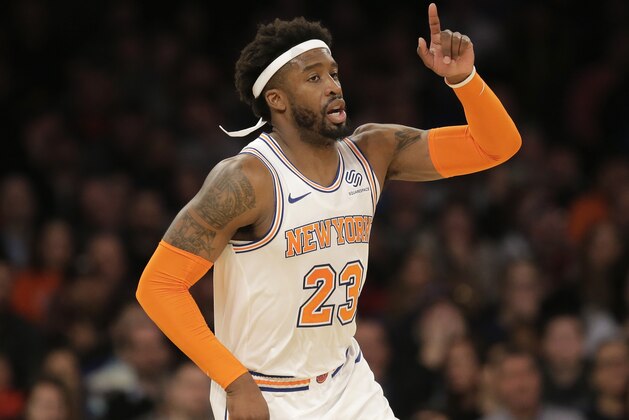New York Knicks' Wesley Matthews reacts during the first half of an NBA basketball game against the Memphis Grizzlies, Sunday, Feb. 3, 2019, in New York. (AP Photo/Seth Wenig)