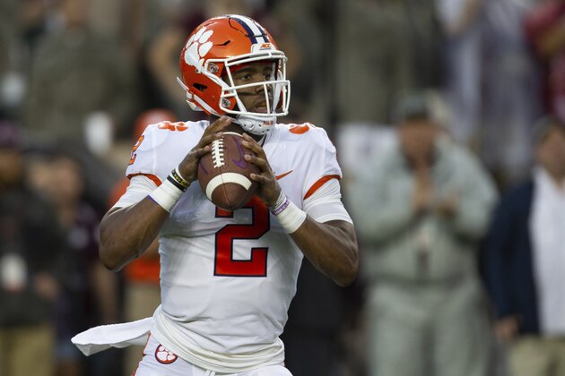 FILE - In this Saturday, Sept. 8, 2018, file photo, Clemson quarterback Kelly Bryant (2) looks to pass against Texas A&M during the first quarter of an NCAA college football game in College Station, Texas. Bryant understands his big second half to lead the second-ranked Tigers to victory at Texas A&M won’t end his team’s two quarterback system or satisfy those who doubt he’s the championship answer for this program.(AP Photo/Sam Craft, File) FILE - In this Saturday, Sept. 8, 2018, file photo, Clemson quarterback Kelly Bryant (2) looks to pass against Texas A&M during the first quarter of an NCAA college football game in College Station, Texas. Bryant understands his big second half to lead the second-ranked Tigers to victory at Texas A&M won’t end his team’s two quarterback system or satisfy those who doubt he’s the championship answer for this program.(AP Photo/Sam Craft, File)
