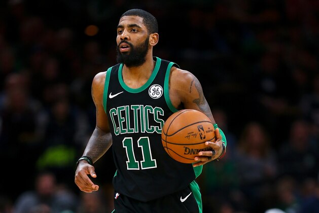 BOSTON, MA - FEBRUARY 03:  Kyrie Irving #11 of the Boston Celtics dribbles the ball up court during a game against the Oklahoma City Thunder at TD Garden on February 3, 2019 in Boston, Massachusetts. NOTE TO USER: User expressly acknowledges and agrees that, by downloading and or using this photograph, User is consenting to the terms and conditions of the Getty Images License Agreement. (Photo by Adam Glanzman/Getty Images)