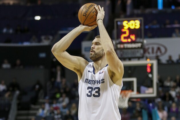 Memphis Grizzlies center Marc Gasol shoots against the Charlotte Hornets in the second half of an NBA basketball game in Charlotte, N.C., Friday, Feb. 1, 2019. Charlotte won 100-92. (AP Photo/Nell Redmond)